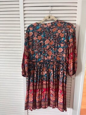 Bohemian Floral Tiered Long-Sleeve Dress in Teal and Rust